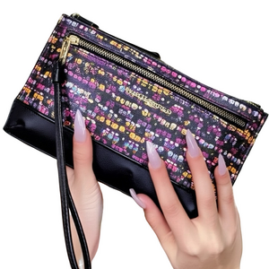 Karl Lagerfeld Paris Double Zip Wristlet Pouch Clutch Plum Combo Crown Print NWT